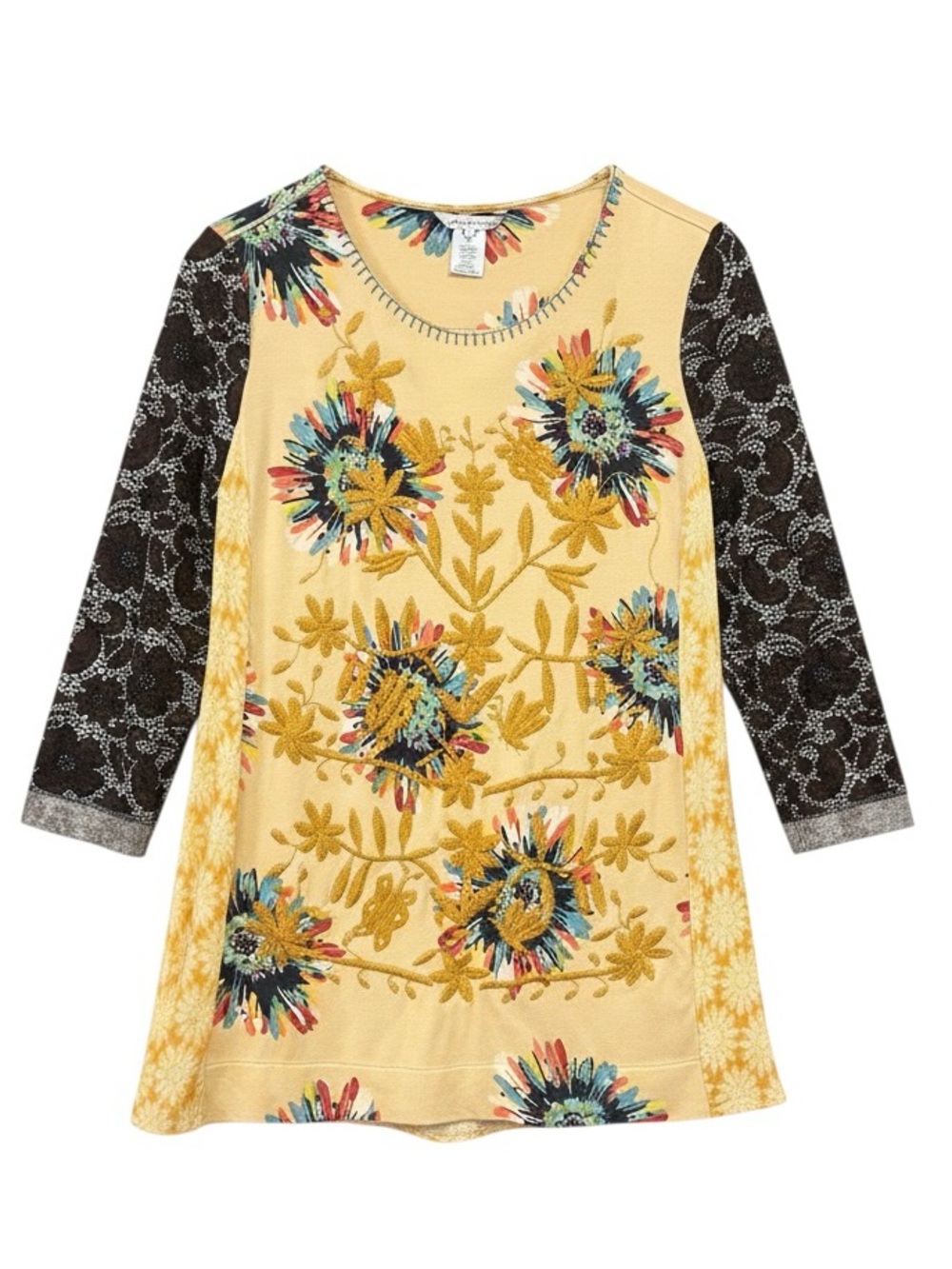 John Mark Mixed Media Floral Embroidered 3/4 Sleeve Tunic Top Women’s Size Small